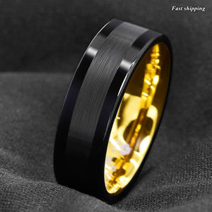 8mm Black Tungsten Carbide Ring Brushed Wedding Band 18K Gold  mens jewelry