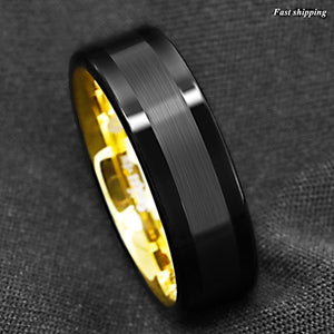 8mm Black Tungsten Carbide Ring Brushed Wedding Band 18K Gold  mens jewelry