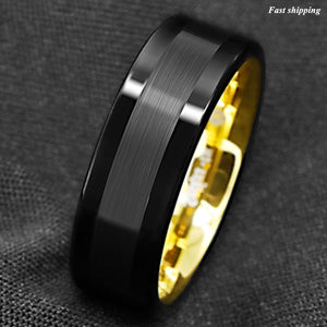 8mm Black Tungsten Carbide Ring Brushed Wedding Band 18K Gold  mens jewelry