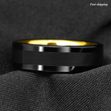 Load image into Gallery viewer, 8mm Black Tungsten Carbide Ring Brushed Wedding Band 18K Gold  mens jewelry
