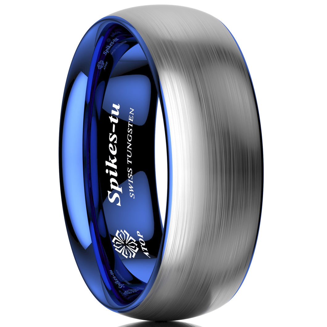 8mm Tungsten Carbide ring Silver Brushed Blue Inlay Wedding Band  Men's Ring