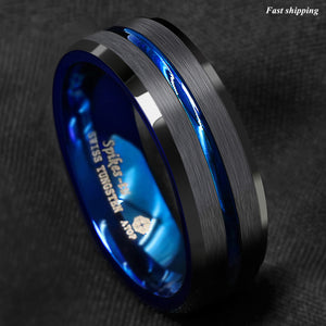 8/6mm Tungsten Men's Ring Thin Blue Line-Inside Black Brushed Band