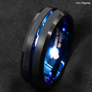 8/6mm Tungsten Men's Ring Thin Blue Line-Inside Black Brushed Band