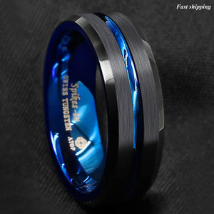 8/6mm Tungsten Men's Ring Thin Blue Line-Inside Black Brushed Band