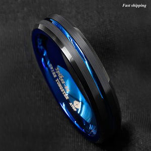 8/6mm Tungsten Men's Ring Thin Blue Line-Inside Black Brushed Band