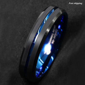 8/6mm Tungsten Men's Ring Thin Blue Line-Inside Black Brushed Band