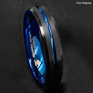 8/6mm Tungsten Men's Ring Thin Blue Line-Inside Black Brushed Band
