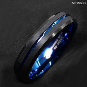 8/6mm Tungsten Men's Ring Thin Blue Line-Inside Black Brushed Band