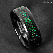 Load image into Gallery viewer, 8mm Tungsten Ring Black Celtic Dragon Green Carbon Fiber  Mens Wedding Band
