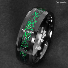 Load image into Gallery viewer, 8mm Tungsten Ring Black Celtic Dragon Green Carbon Fiber  Mens Wedding Band
