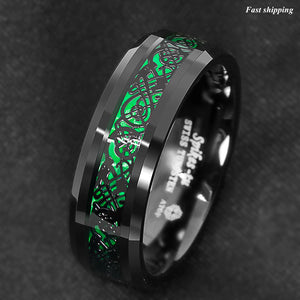 8mm Tungsten Ring Black Celtic Dragon Green Carbon Fiber  Mens Wedding Band