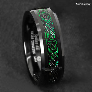 8mm Tungsten Ring Black Celtic Dragon Green Carbon Fiber  Mens Wedding Band