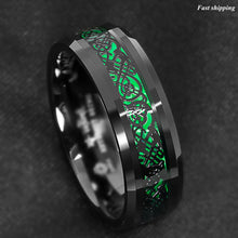 Load image into Gallery viewer, 8mm Tungsten Ring Black Celtic Dragon Green Carbon Fiber  Mens Wedding Band
