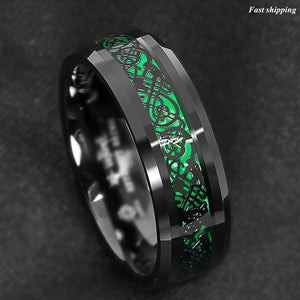 8mm Tungsten Ring Black Celtic Dragon Green Carbon Fiber  Mens Wedding Band