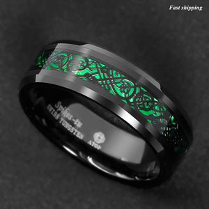 8mm Tungsten Ring Black Celtic Dragon Green Carbon Fiber  Mens Wedding Band