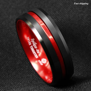 8/6mm Black Tungsten Carbide Thin Red Line Wedding Band Ring  Men's Jewelry