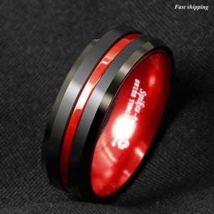 8/6mm Black Tungsten Carbide Thin Red Line Wedding Band Ring  Men's Jewelry