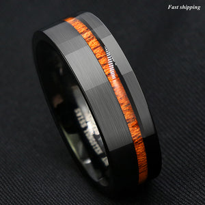 8mm Black Brushed Tungsten Carbide Ring Off Center Koa Wood  Wedding Band