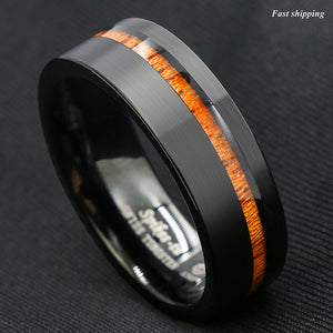 8mm Black Brushed Tungsten Carbide Ring Off Center Koa Wood  Wedding Band
