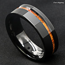 Load image into Gallery viewer, 8mm Black Brushed Tungsten Carbide Ring Off Center Koa Wood  Wedding Band
