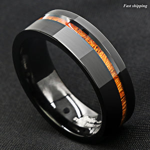 8mm Black Brushed Tungsten Carbide Ring Off Center Koa Wood  Wedding Band