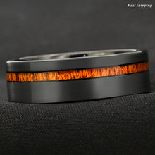 Load image into Gallery viewer, 8mm Black Brushed Tungsten Carbide Ring Off Center Koa Wood  Wedding Band
