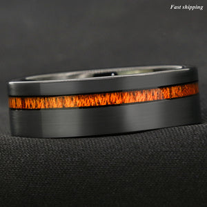 8mm Black Brushed Tungsten Carbide Ring Off Center Koa Wood  Wedding Band