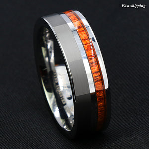 8mm Silver Brushed Tungsten Carbide Ring Off Center Koa Wood  Wedding Band