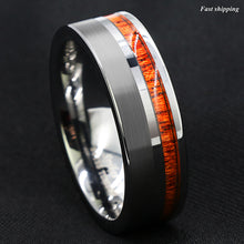 Load image into Gallery viewer, 8mm Silver Brushed Tungsten Carbide Ring Off Center Koa Wood  Wedding Band
