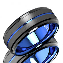 Load image into Gallery viewer, 8mm Black Brushed Ladder Edge Tungsten Ring BLue Stripe  Mens Wedding Band
