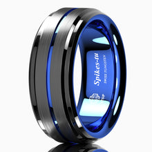 Load image into Gallery viewer, 8mm Black Brushed Ladder Edge Tungsten Ring BLue Stripe  Mens Wedding Band
