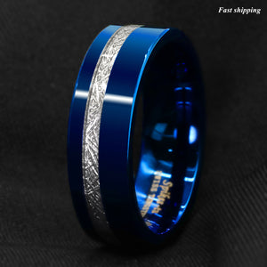 8mm Blue Polished Tungsten Ring Off Center 925 Silver Men's Wedding Band Ring