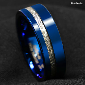 8mm Blue Polished Tungsten Ring Off Center 925 Silver Men's Wedding Band Ring
