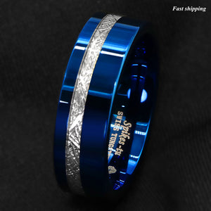 8mm Blue Polished Tungsten Ring Off Center 925 Silver Men's Wedding Band Ring