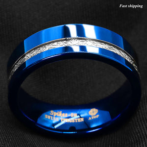 8mm Blue Polished Tungsten Ring Off Center 925 Silver Men's Wedding Band Ring