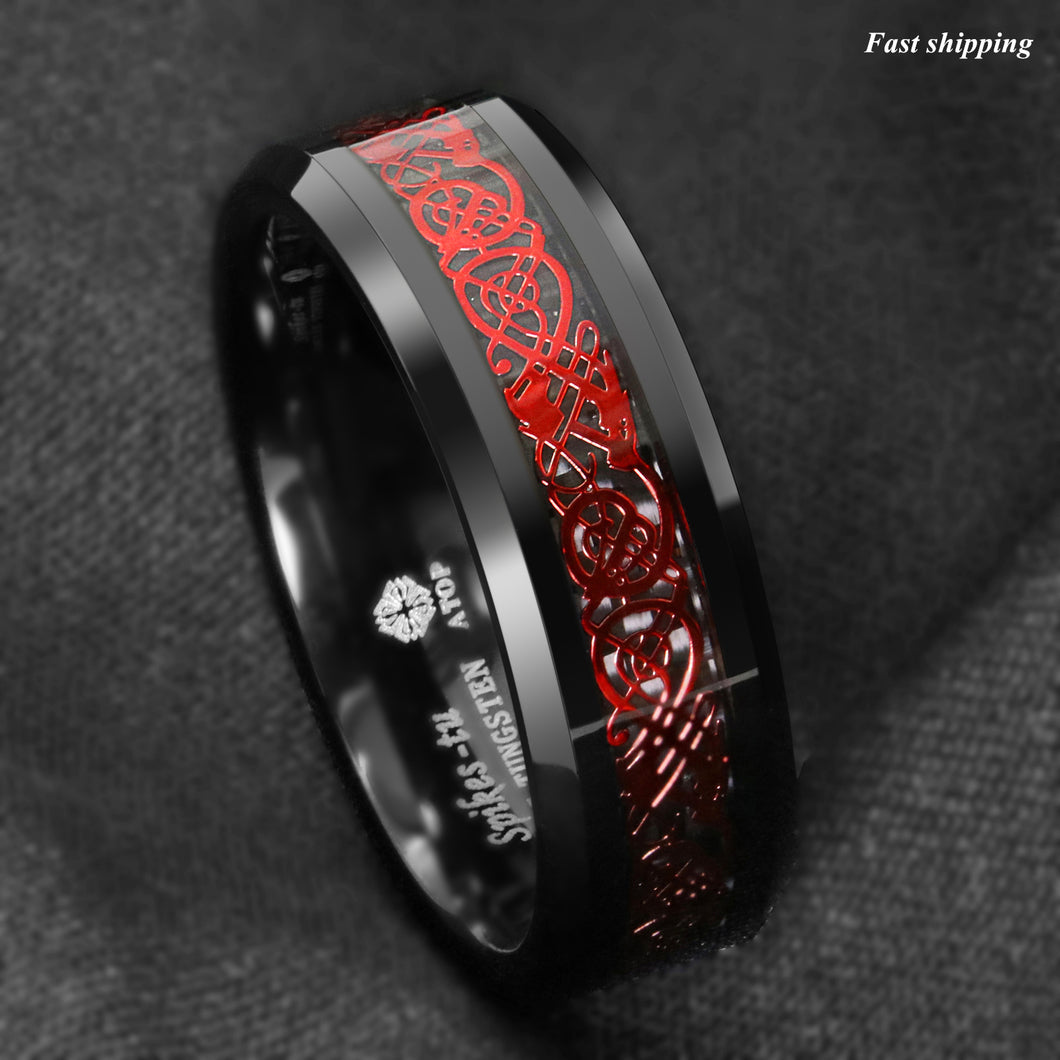 8mm Black Tungsten Ring Red Celtic Dragon Black carbon fiber Ring