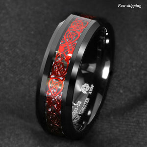 8mm Black Tungsten Ring Red Celtic Dragon Black carbon fiber Ring