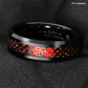8mm Black Tungsten Ring Red Celtic Dragon Black carbon fiber Ring