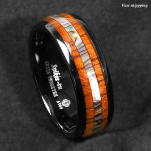 8mm Black Tungsten carbide ring Koa Wood Abalone  Wedding Band Men's Jewelry