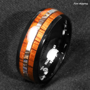 8mm Black Tungsten carbide ring Koa Wood Abalone  Wedding Band Men's Jewelry