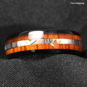 8mm Black Tungsten carbide ring Koa Wood Abalone  Wedding Band Men's Jewelry