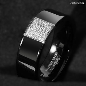 8mm Black Tungsten Ring 925 Silver Inlay 36 Diamonds  Men Wedding Band Ring