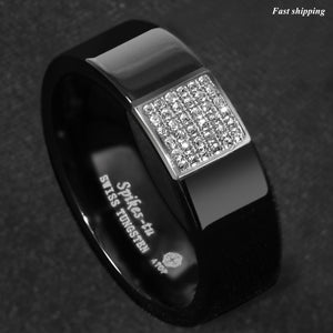 8mm Black Tungsten Ring 925 Silver Inlay 36 Diamonds  Men Wedding Band Ring