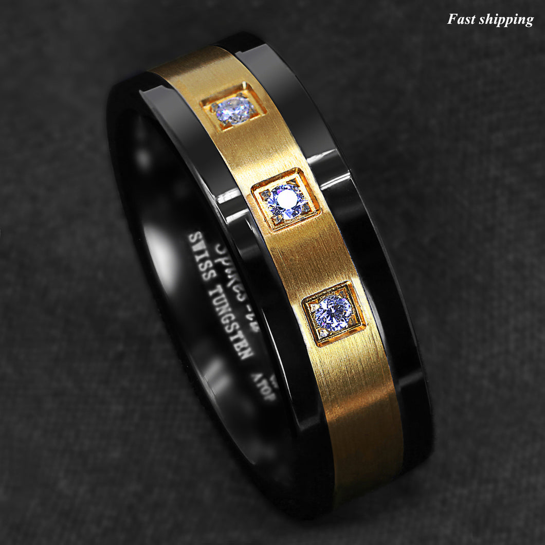 8mm Black Tungsten Ring Brushed 18K Gold Diamonds -LUXURY Men's Wedding Band