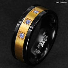 Load image into Gallery viewer, 8mm Black Tungsten Ring Brushed 18K Gold Diamonds -LUXURY Men&#39;s Wedding Band
