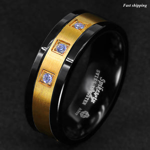 8mm Black Tungsten Ring Brushed 18K Gold Diamonds -LUXURY Men's Wedding Band