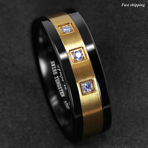 8mm Black Tungsten Ring Brushed 18K Gold Diamonds -LUXURY Men's Wedding Band