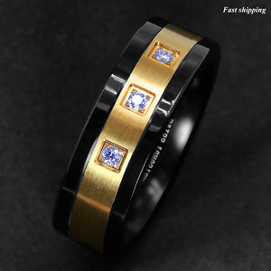 8mm Black Tungsten Ring Brushed 18K Gold Diamonds -LUXURY Men's Wedding Band