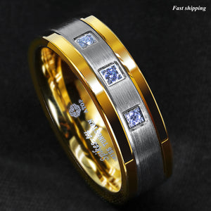 8mm Silver Tungsten Ring Brushed 18K Gold Diamonds -LUXURY Men Wedding Band