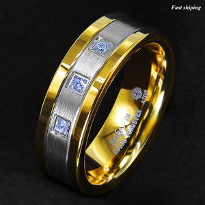 8mm Silver Tungsten Ring Brushed 18K Gold Diamonds -LUXURY Men Wedding Band